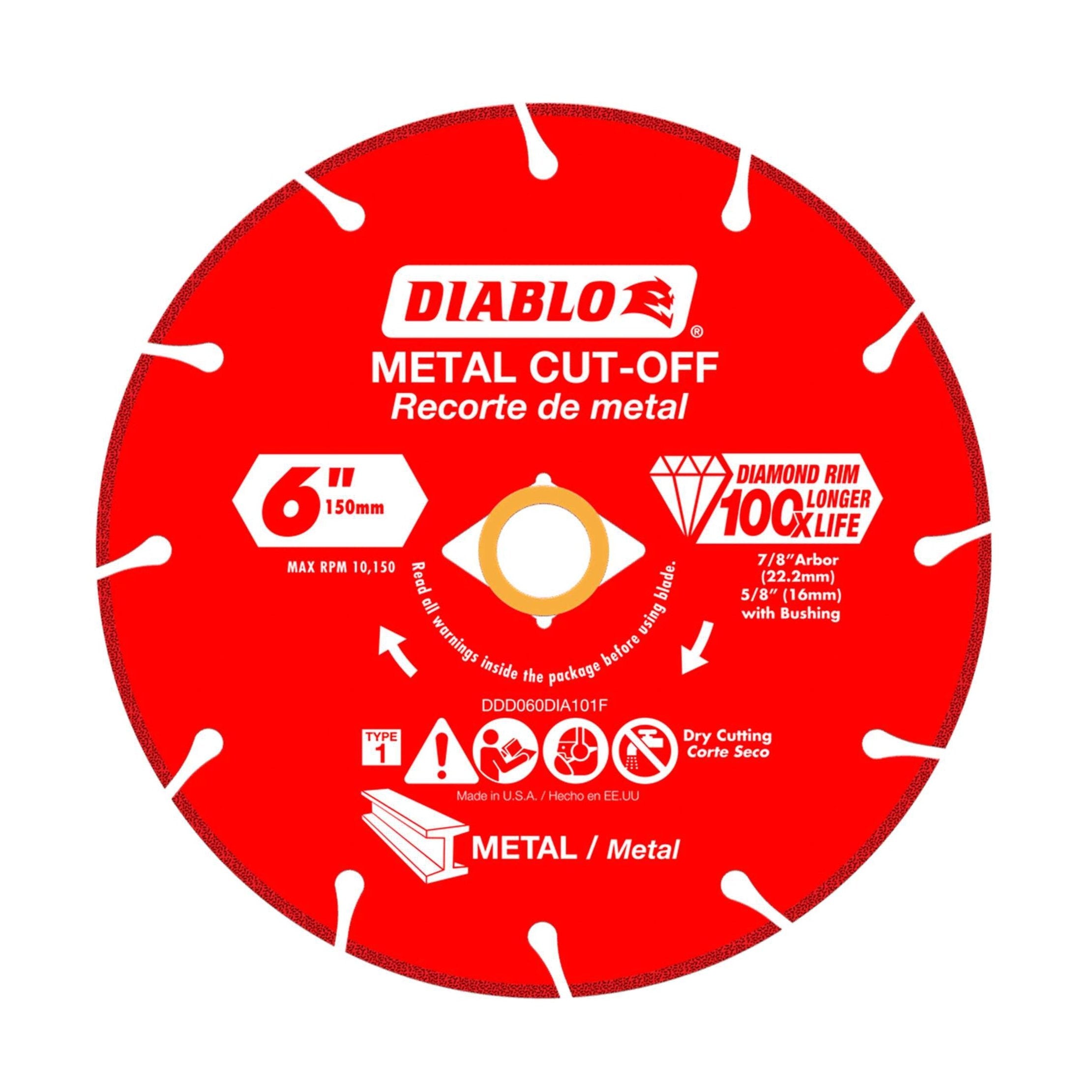 The DIABLO DDD060DIA101F 6 Diamond Metal Cut-Off Disc by Diablo features a diamond rim for durability, supports metal cutting at up to 10,150 RPM, and includes usage symbols. Made in the USA and EU with white text.